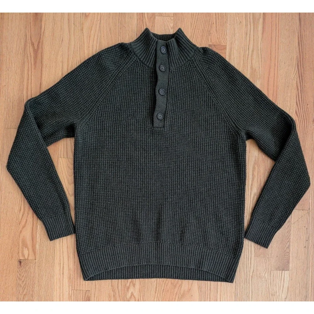 Banana Republic Sweater Mens L Italian Yarn Waffle Knit Wool Henley Dark Green